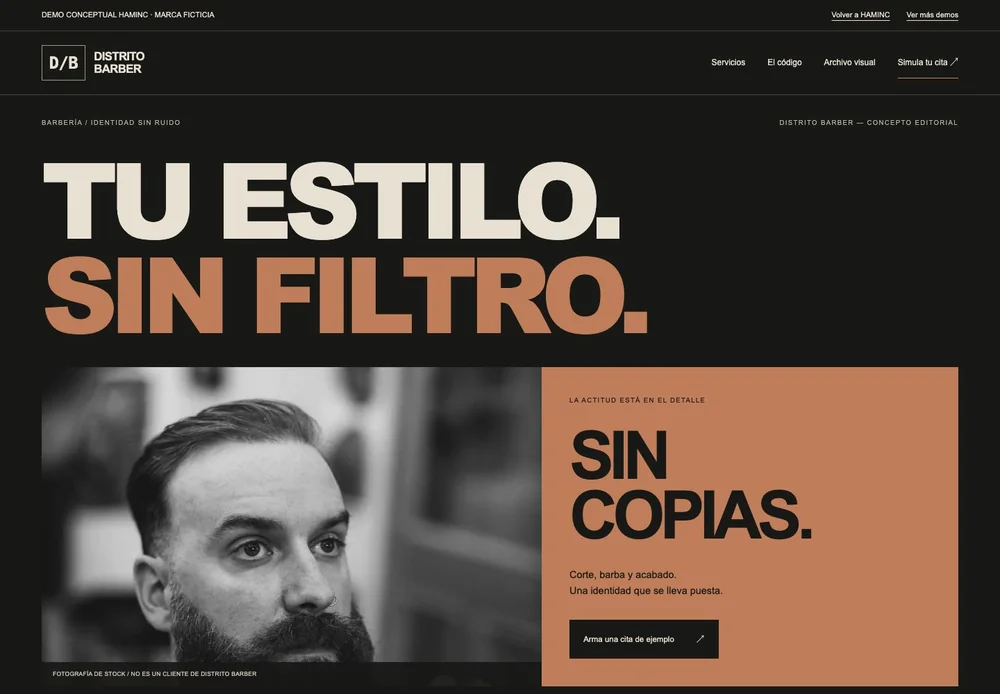 Captura real de la demo conceptual ficticia Distrito Barber, creada por HAMINC.