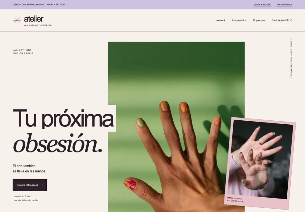 Captura real de la demo conceptual ficticia Atelier Nails, creada por HAMINC.