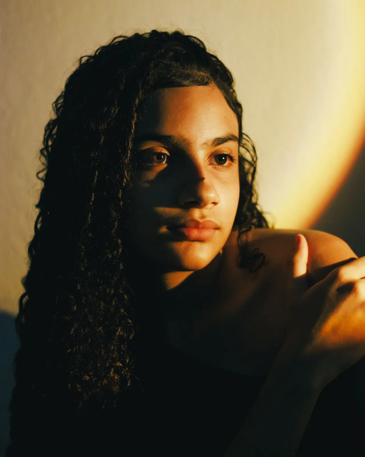 Retrato con iluminación cálida de una mujer con cabello texturizado.